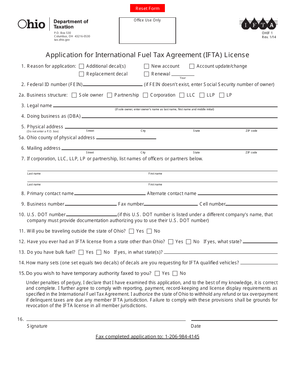 Form OHIF1 Application for International Fuel Tax Agreement (Ifta) License - Ohio, Page 1