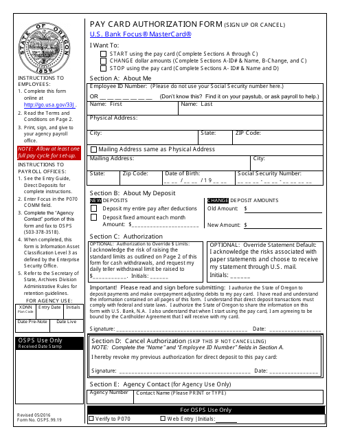Form OSPS.99.19 Pay Card Authorization Form - Oregon