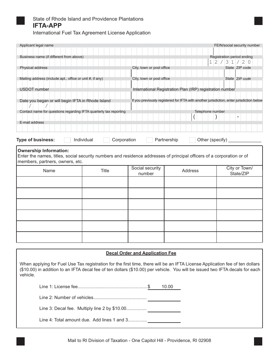 Form IFTA-APP International Fuel Tax Agreement License Application - Rhode Island, Page 1
