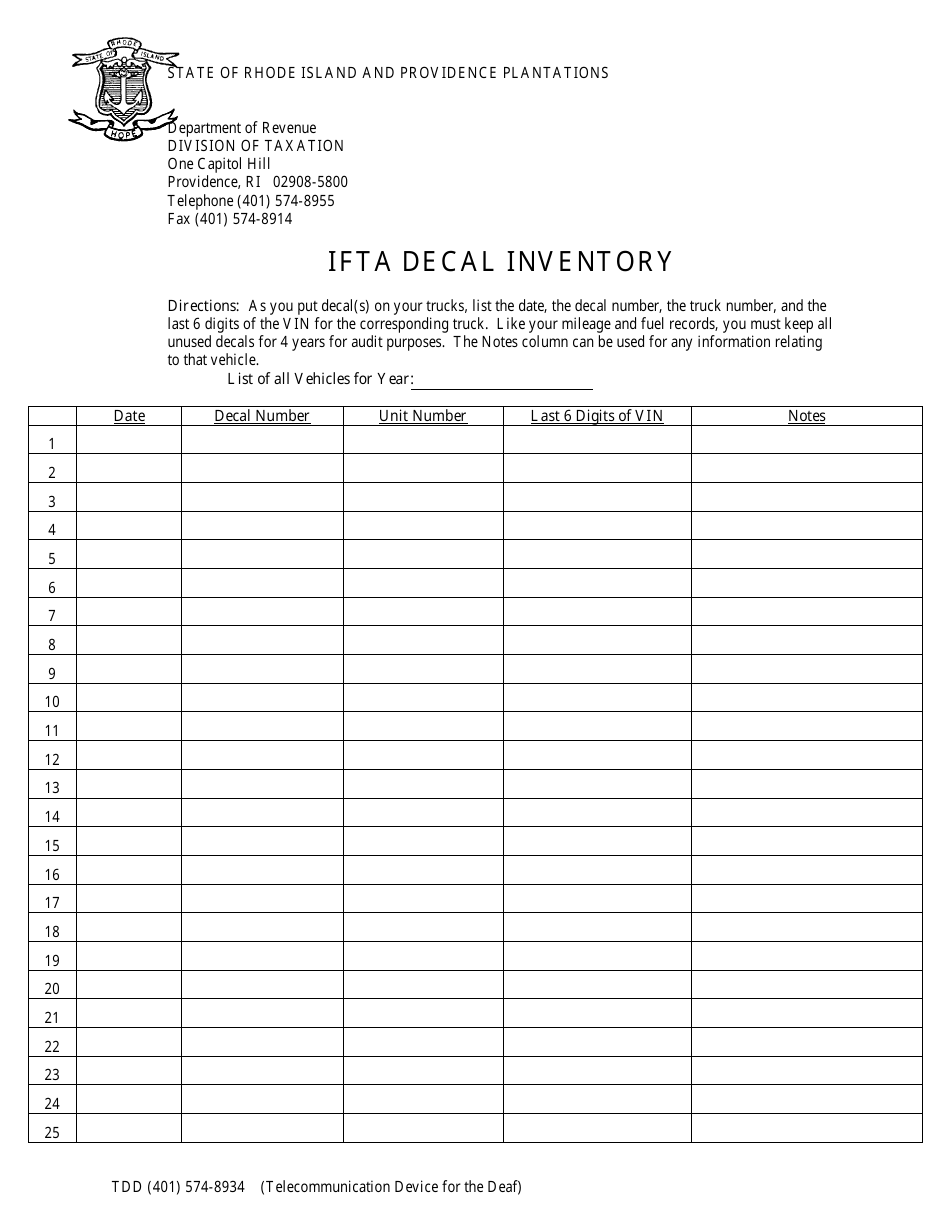 Rhode Island Ifta Decal Inventory Form Fill Out, Sign Online and