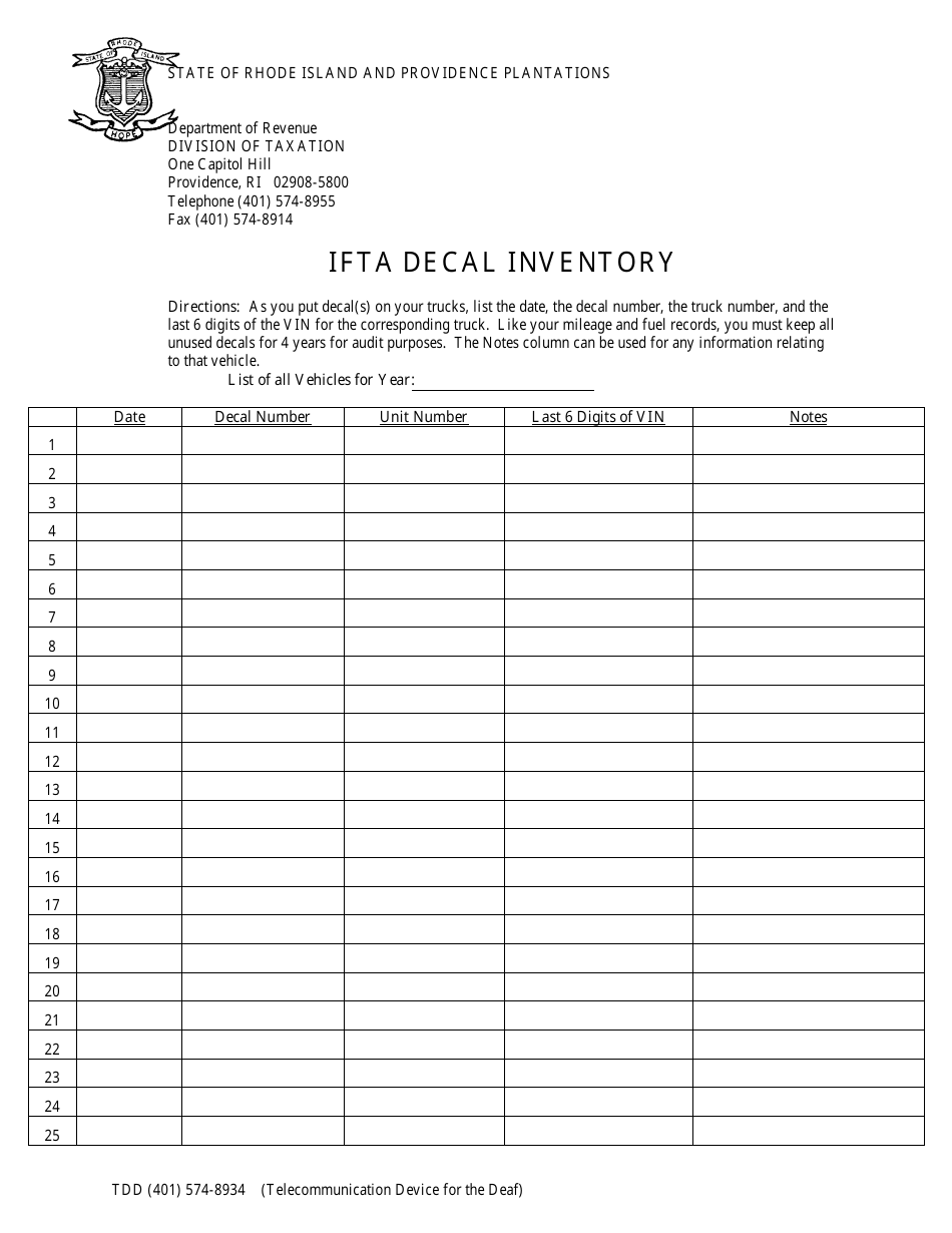 Ifta Decal Inventory Form - Rhode Island, Page 1