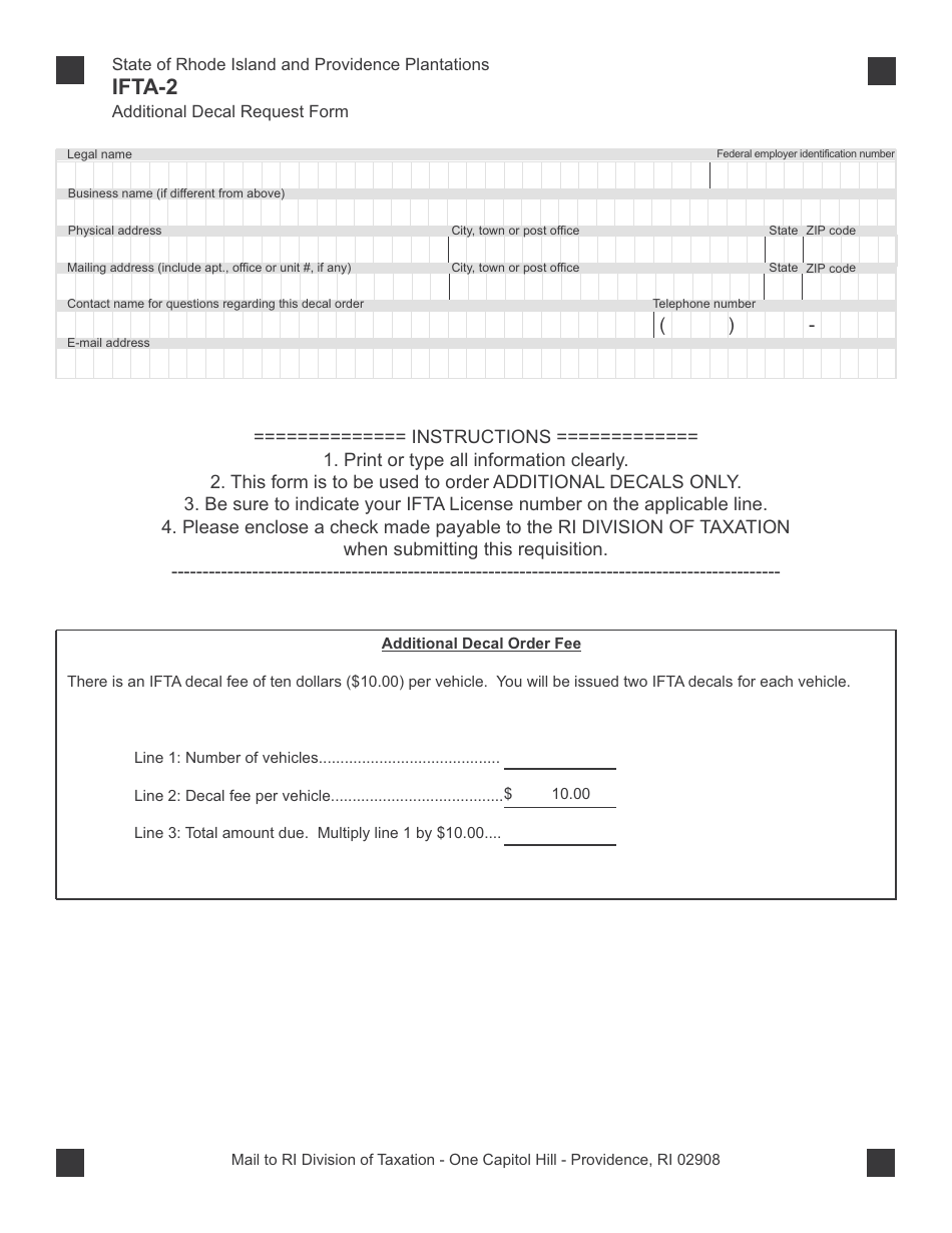 Form IFTA-2 Additional Decal Request Form - Rhode Island, Page 1