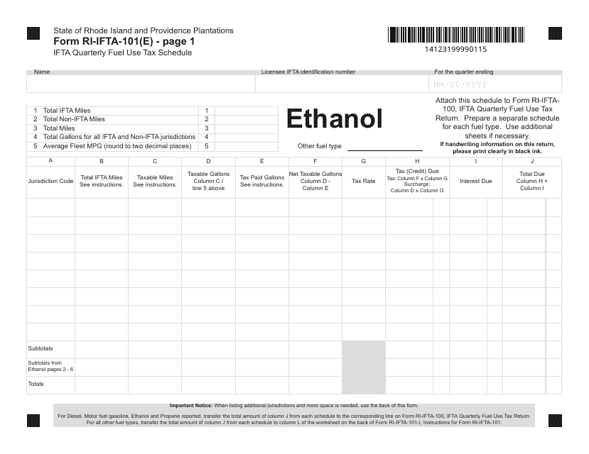 Form RI-IFTA-101(E) Ifta Quarterly Fuel Use Tax Schedule - Ethanol - Rhode Island