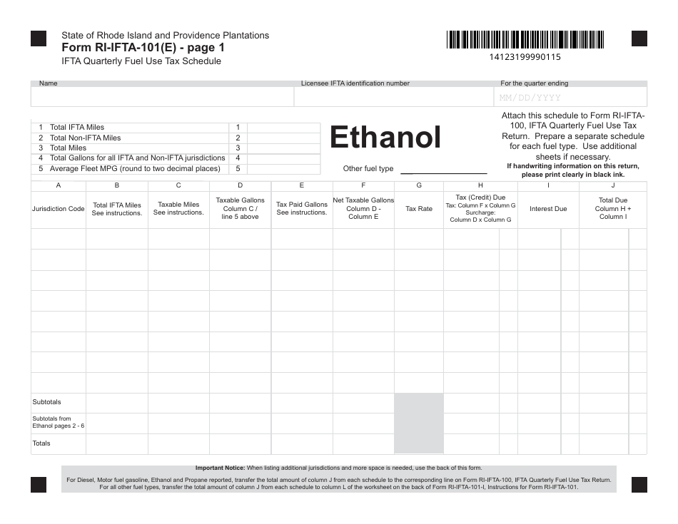 Form RI-IFTA-101(E) Ifta Quarterly Fuel Use Tax Schedule - Ethanol - Rhode Island, Page 1