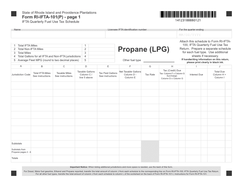 Form RI-IFTA-101(P) Ifta Quarterly Fuel Use Tax Schedule - Propane (Lpg) - Rhode Island