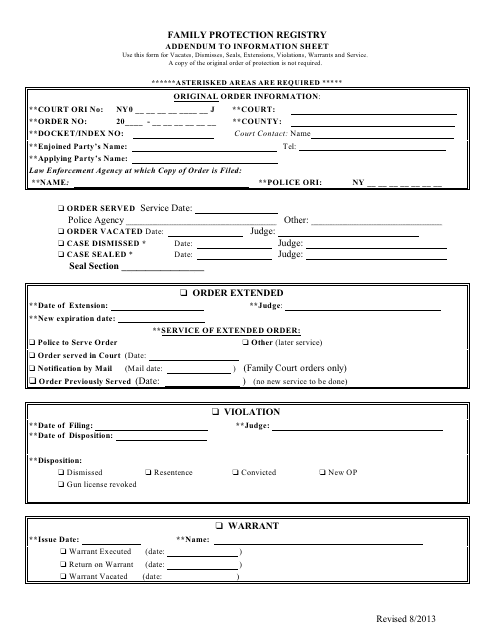 Addendum to Information Sheet - Family Protection Registry - New York Download Pdf