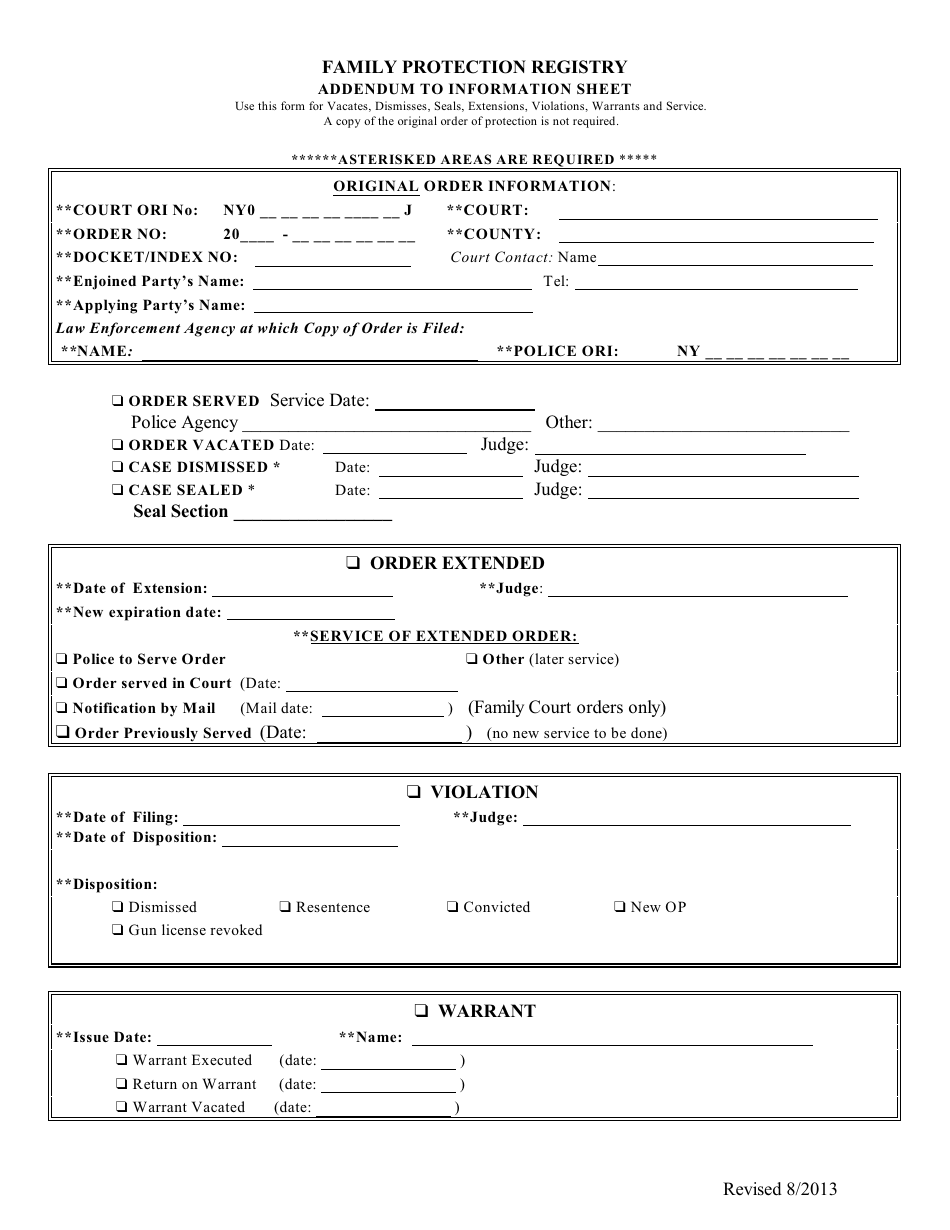 Addendum to Information Sheet - Family Protection Registry - New York, Page 1