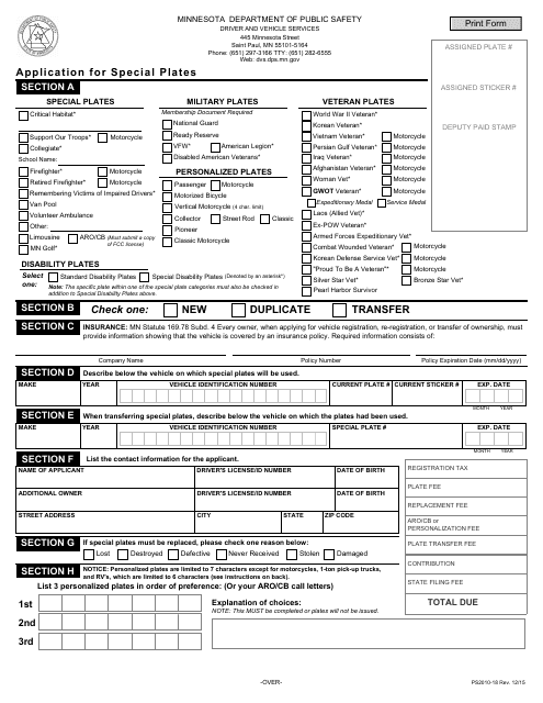 Form PS2010-18 Application for Special Plates - Minnesota