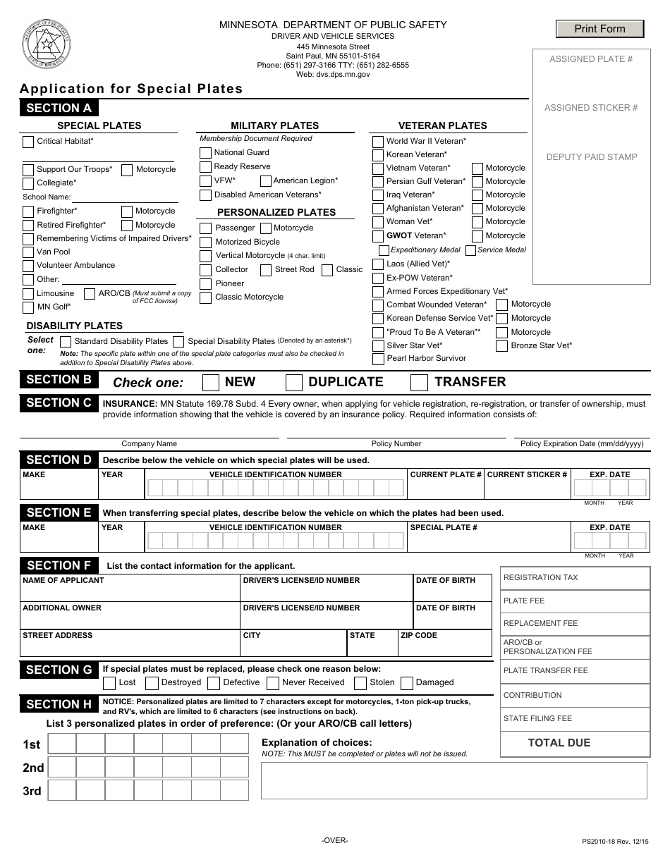 Form PS2010-18 Application for Special Plates - Minnesota, Page 1