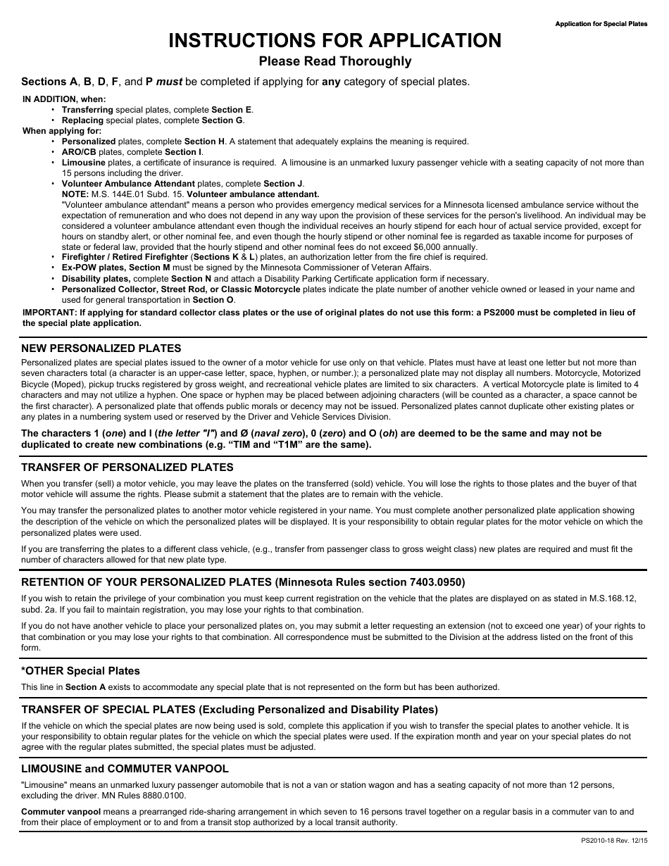 Form PS2010-18 Application for Special Plates - Minnesota, Page 3