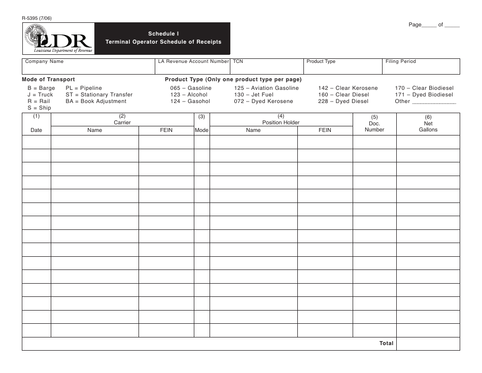 Form R-5395 Schedule I Terminal Operator Schedule of Receipts - Louisiana, Page 1