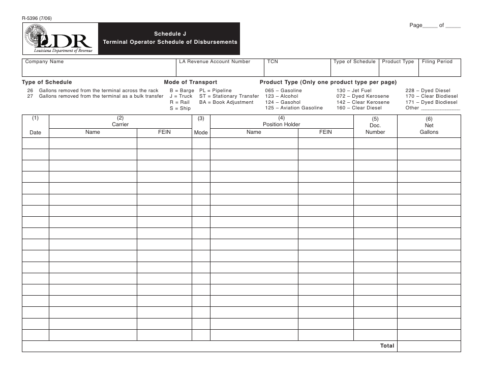 Form R-5396 Schedule J Terminal Operator Schedule of Disbursements - Louisiana, Page 1