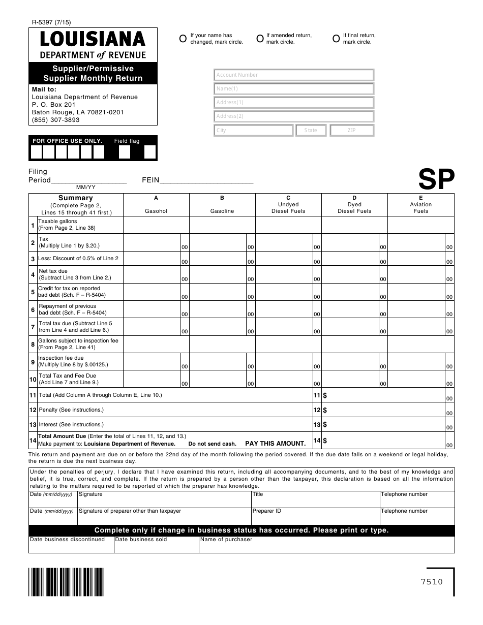 Form R-5397 Supplier / Permissive Supplier Monthly Return - Louisiana, Page 1