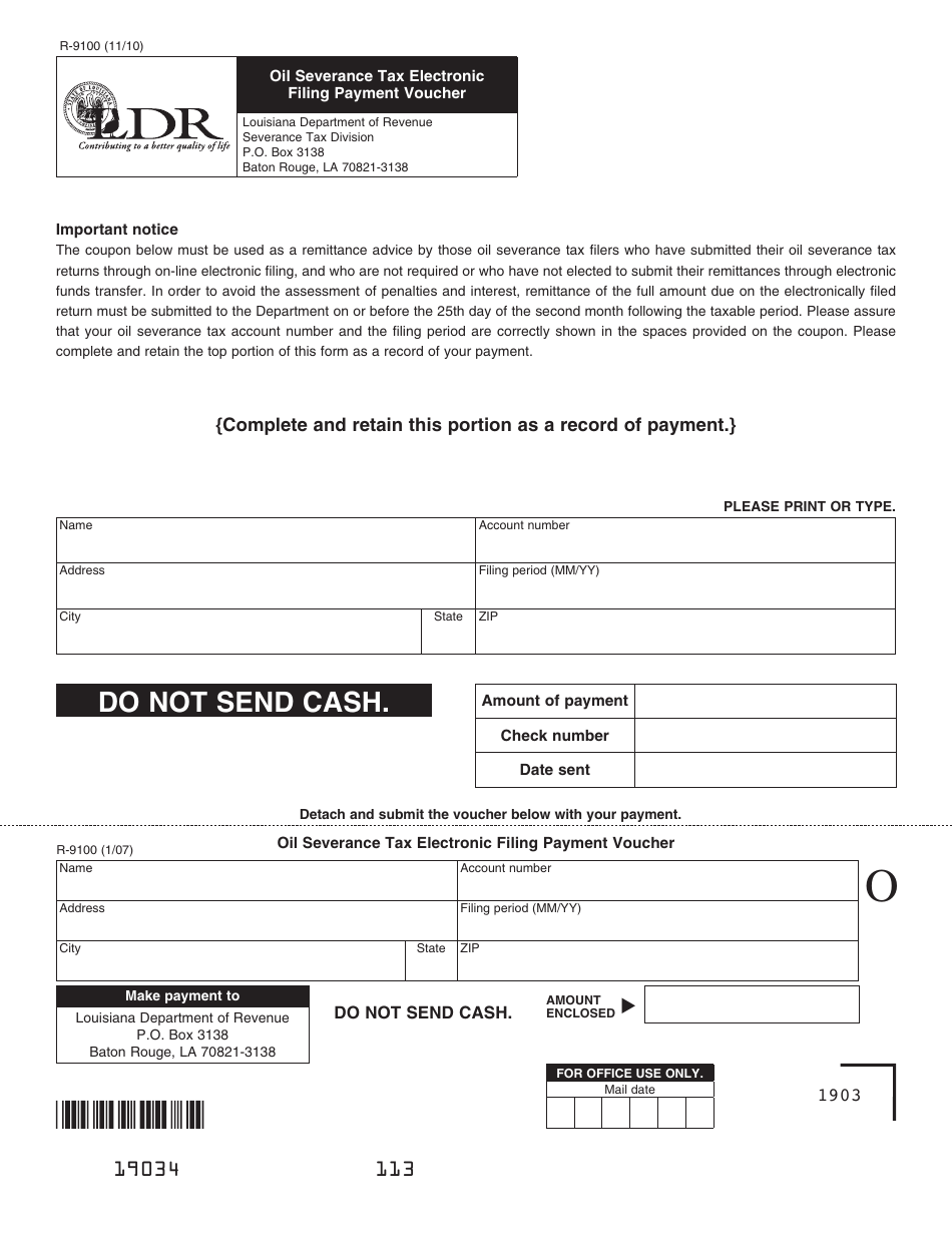 Form R-9100 Oil Severance Tax Electronic Filing Payment Voucher - Louisiana, Page 1