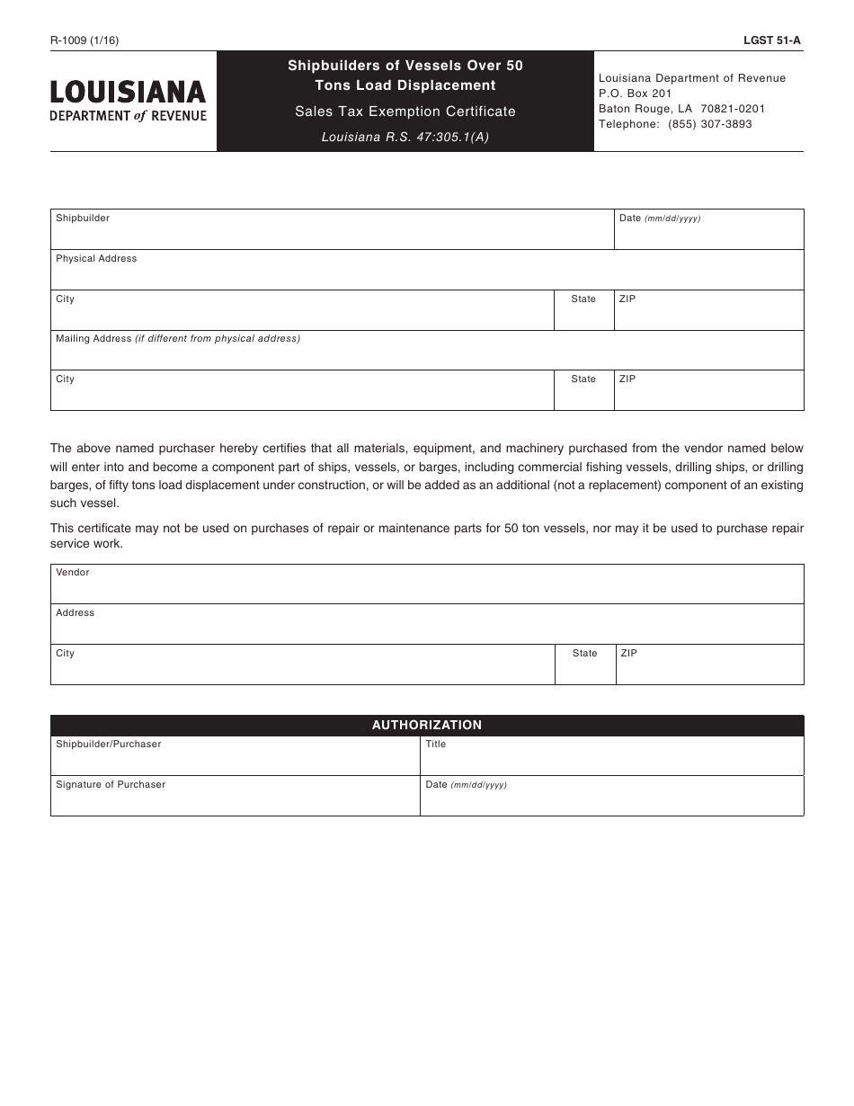 Form R-1009 Shipbuilders of Vessels Over 50 Tons Load Displacement - Sales Tax Exemption Certificate - Louisiana, Page 1