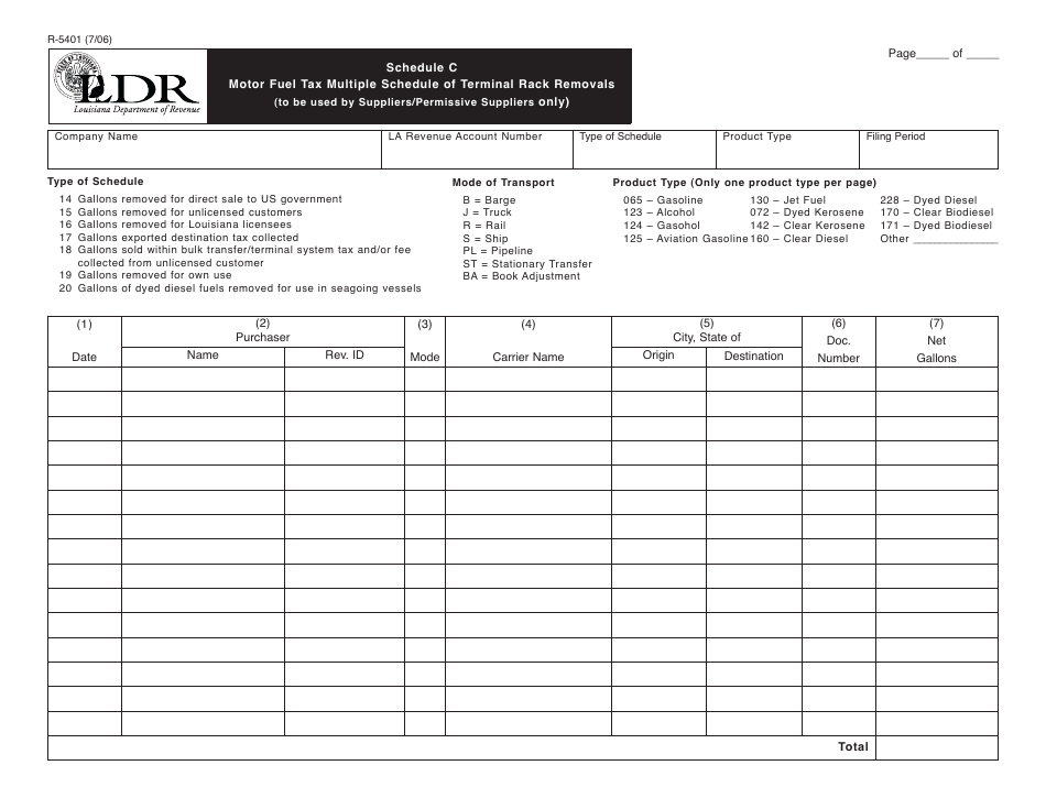 Form R-5401 Schedule C Motor Fuel Tax Multiple Schedule of Terminal Rack Removals - Louisiana, Page 1