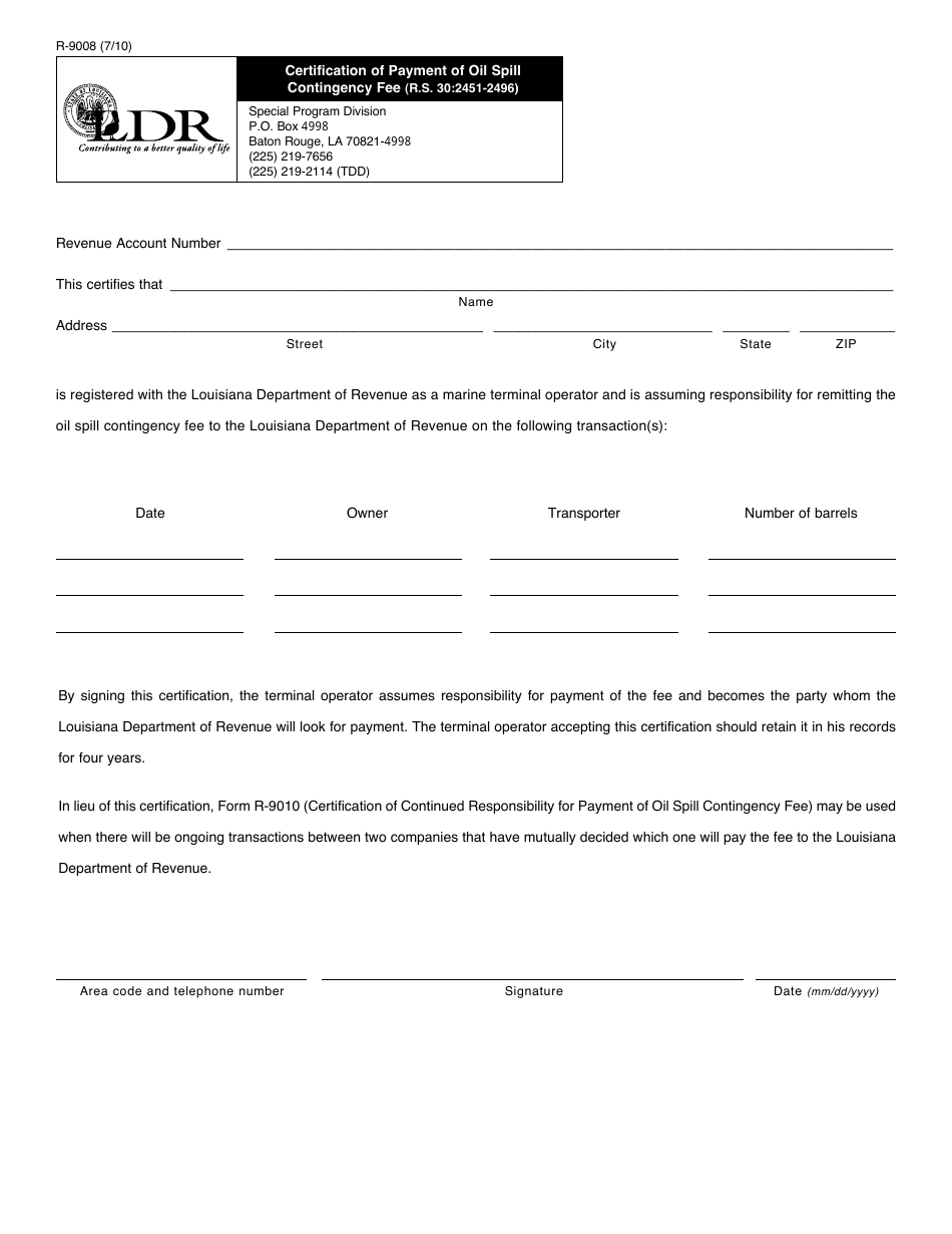 Form R-9008 Certification of Payment of Oil Spill Contingency Fee - Louisiana, Page 1