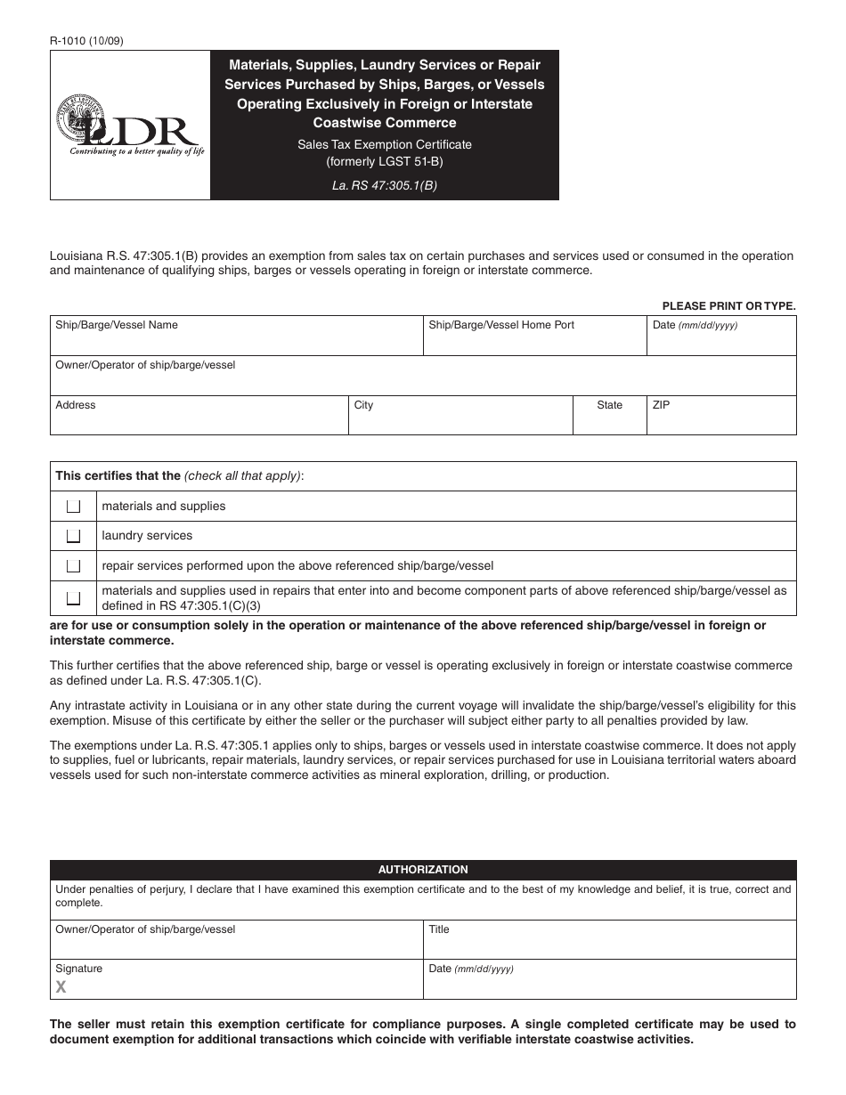 Form R-1010 Materials, Supplies, Laundry Services or Repair Services Purchased by Ships, Barges, and Vessels Operating Exclusively in Foreign or Interstate Coastwise Commerce - Louisiana, Page 1