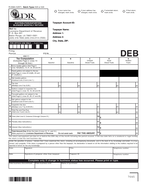 Form R-5398 Distributor/Exporter/Blender Monthly Return - Louisiana