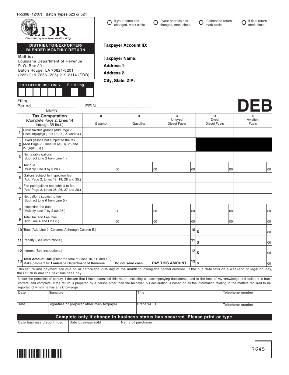 Form R-5398 Distributor / Exporter / Blender Monthly Return - Louisiana, Page 1