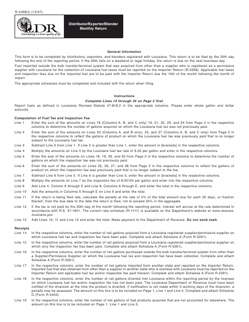 Instructions for Form R-5398 Distributor/Exporter/Blender Monthly Return - Louisiana