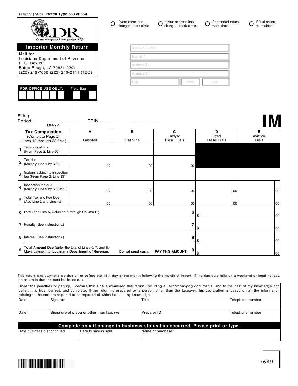 Form R-5399 Importer Monthly Return - Louisiana, Page 1