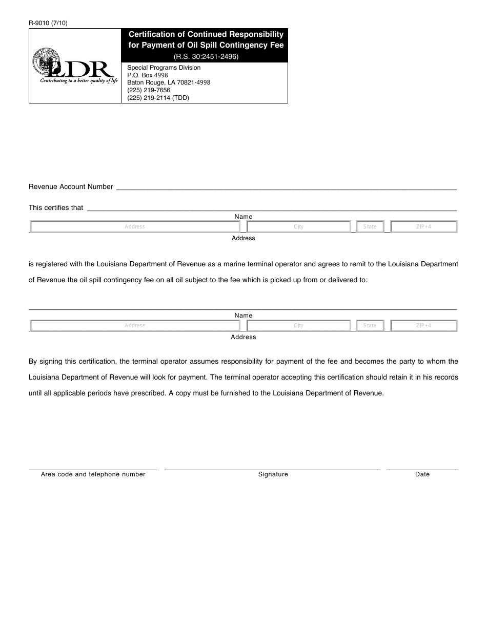 Form R-9010 Certification of Continued Responsibility for Payment of Oil Spill Contingency Fee - Louisiana, Page 1