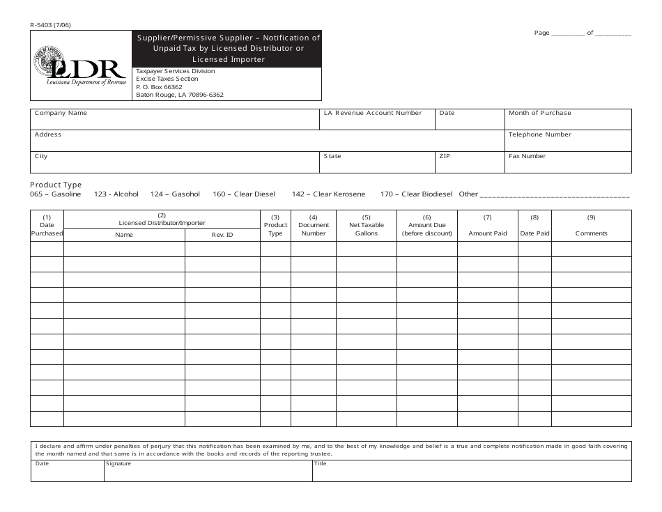 Form R-5403 Supplier / Permissive Supplier - Notification of Unpaid Tax by Licensed Distributor or Licensed Importer - Louisiana, Page 1