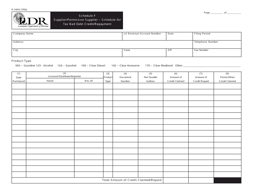 Form R-5404 Schedule F Supplier/Permissive Supplier - Schedule for Tax Bad Debt Credit/Repayment - Louisiana