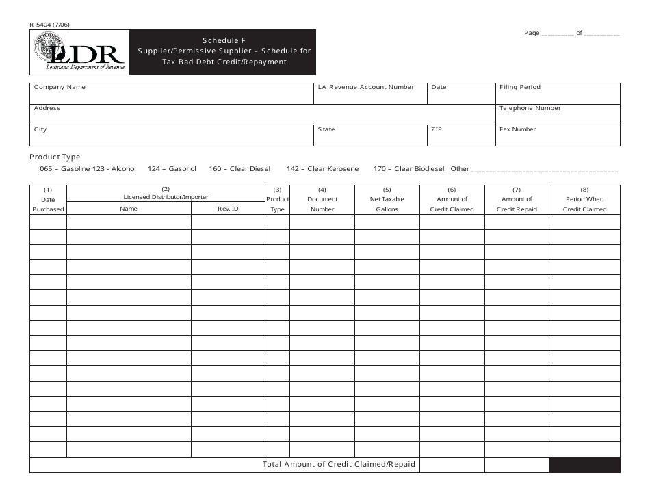 Form R-5404 Schedule F Supplier / Permissive Supplier - Schedule for Tax Bad Debt Credit / Repayment - Louisiana, Page 1