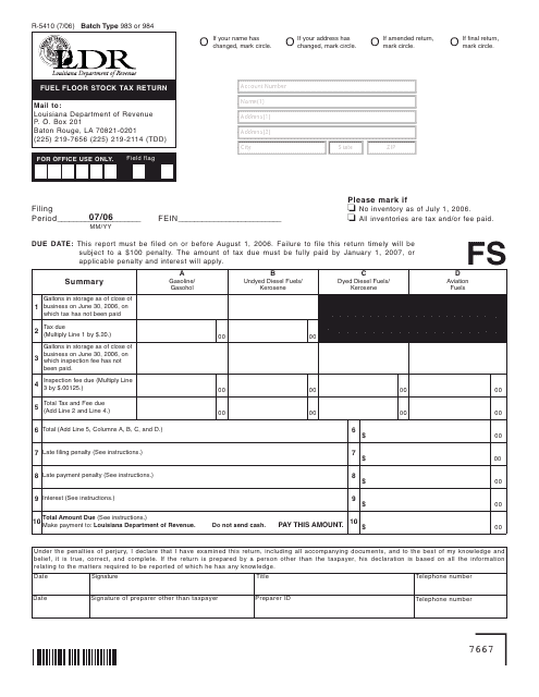 Form R-5410 Fuel Floor Stock Tax Return - Louisiana