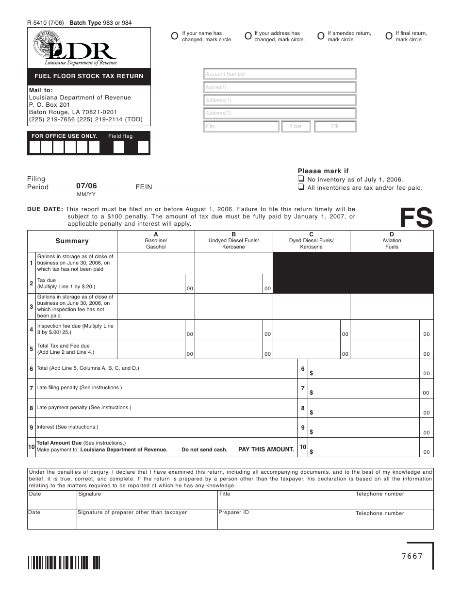 Form R-5410 Fuel Floor Stock Tax Return - Louisiana, Page 1