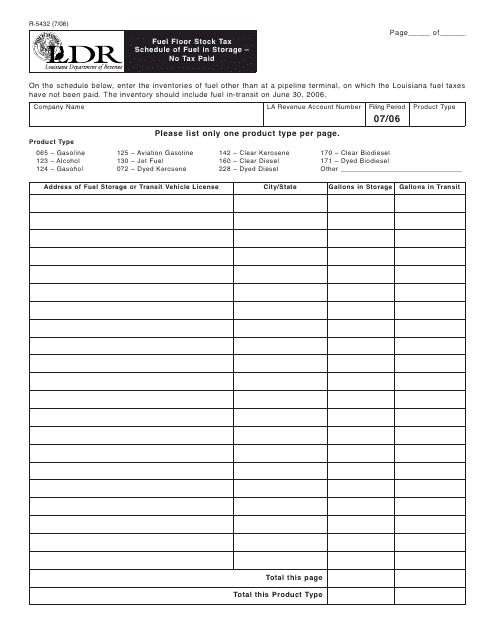 Form R-5432 Fuel Floor Stock Tax Schedule of Fuel in Storage - No Tax Paid - Louisiana