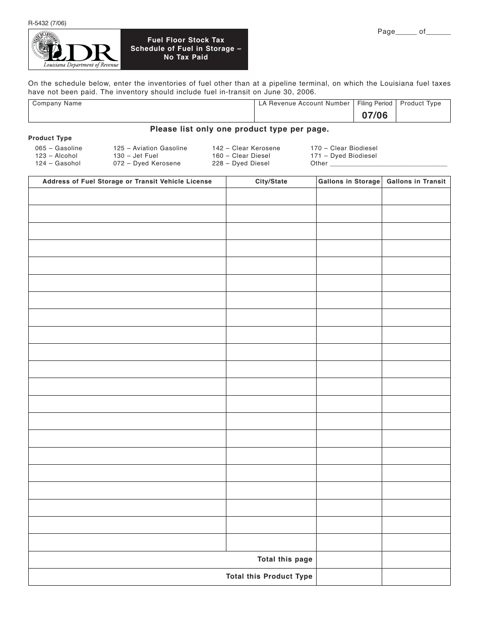 Form R-5432 Fuel Floor Stock Tax Schedule of Fuel in Storage - No Tax Paid - Louisiana, Page 1