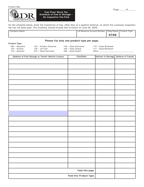 Form R-5433 Fuel Floor Stock Tax - Schedule of Fuel in Storage - No Inspection Fee Paid - Louisiana
