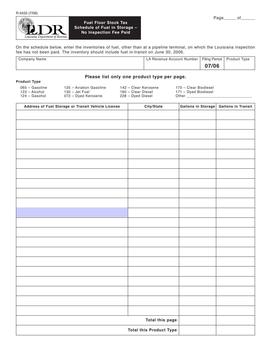 Form R-5433 Fuel Floor Stock Tax - Schedule of Fuel in Storage - No Inspection Fee Paid - Louisiana, Page 1