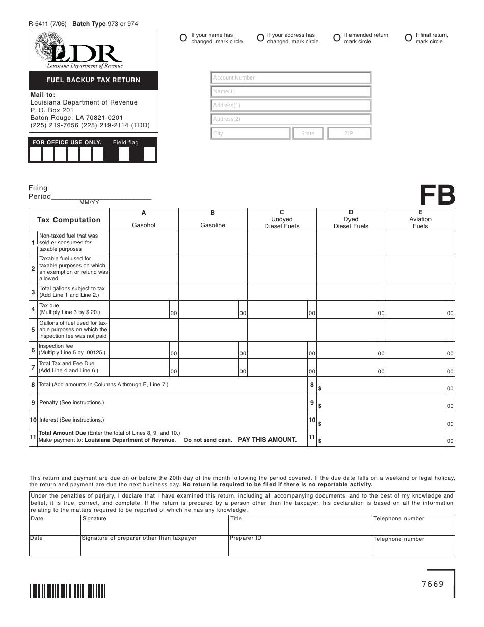 Form R-5411 Fuel Backup Tax Return - Louisiana, Page 1