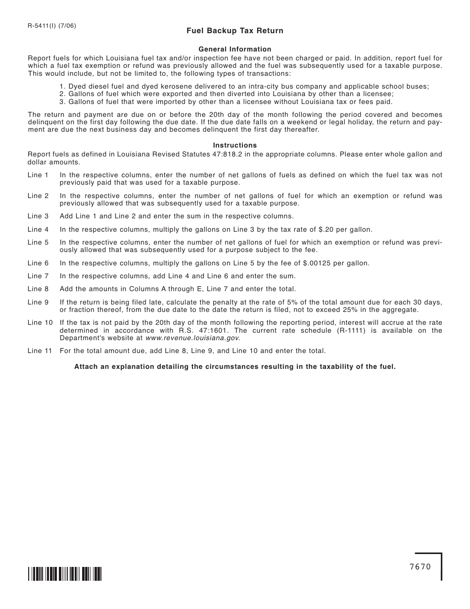 Instructions for Form R-5411 Fuel Backup Tax Return - Louisiana, Page 1
