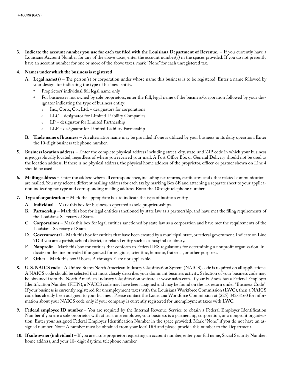 Instructions for Form R-16019 Application for Louisiana Revenue Account Number - Louisiana, Page 2