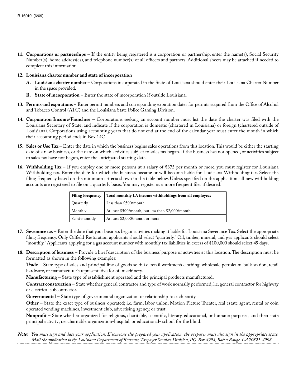 Instructions for Form R-16019 Application for Louisiana Revenue Account Number - Louisiana, Page 3