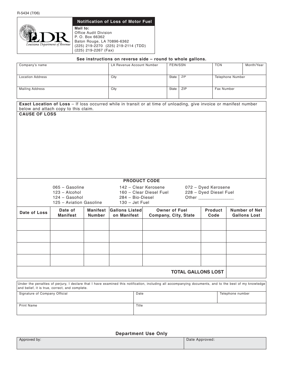 Form R-5434 Notification of Loss of Motor Fuel - Louisiana, Page 1