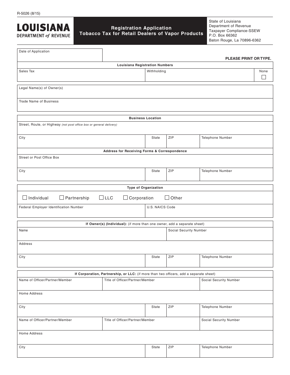 Form R-5026 Registration Application Tobacco Tax for Retail Dealers of Vapor Products - Louisiana, Page 1