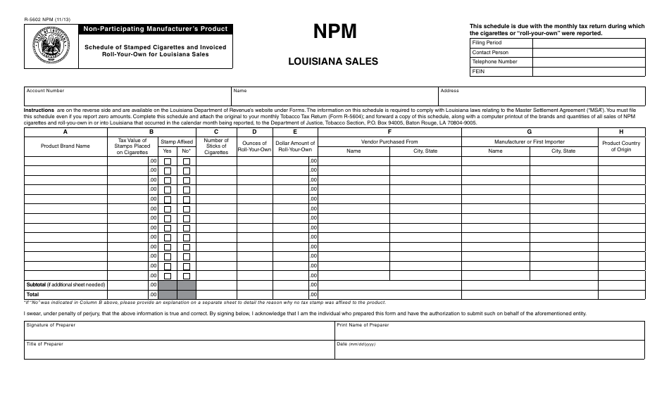 Form R-5602 NPM Non-participating Manufacturers Product - Schedule of Stamped Cigarettes and Invoiced Roll-Your-Own for Louisiana Sales - Louisiana, Page 1