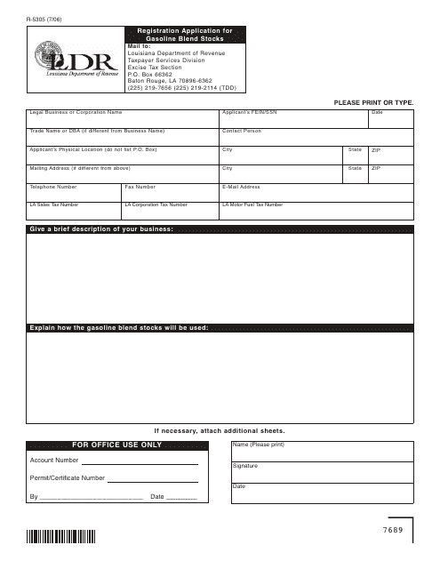 Form R-5305 Registration Application for Gasoline Blend Stocks - Louisiana