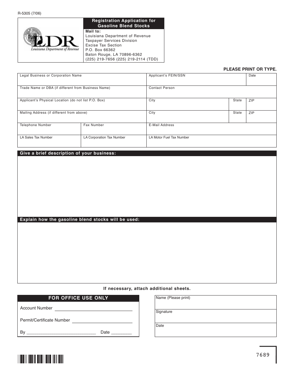 Form R-5305 Registration Application for Gasoline Blend Stocks - Louisiana, Page 1
