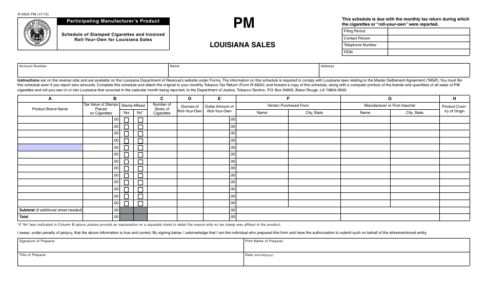 Form R-5603 PM Participating Manufacturers Product - Schedule of Stamped Cigarettes and Invoiced Roll-Your-Own for Louisiana Sales - Louisiana, Page 1