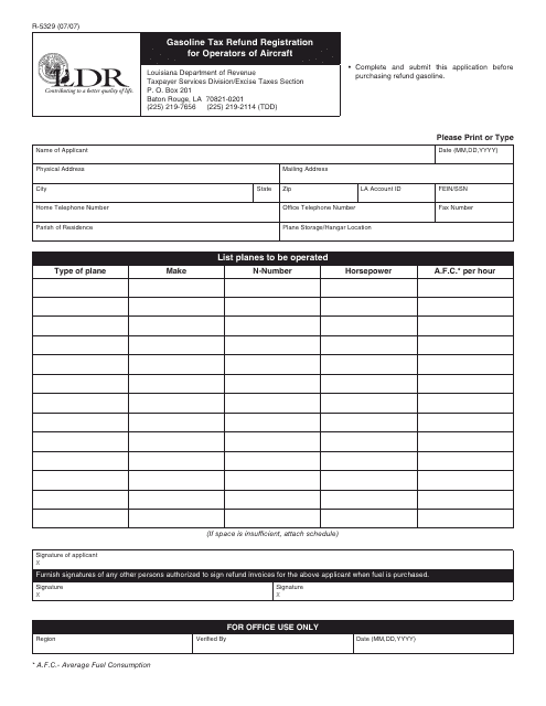 Form R-5329 Gasoline Tax Refund Registration for Operators of Aircraft - Louisiana