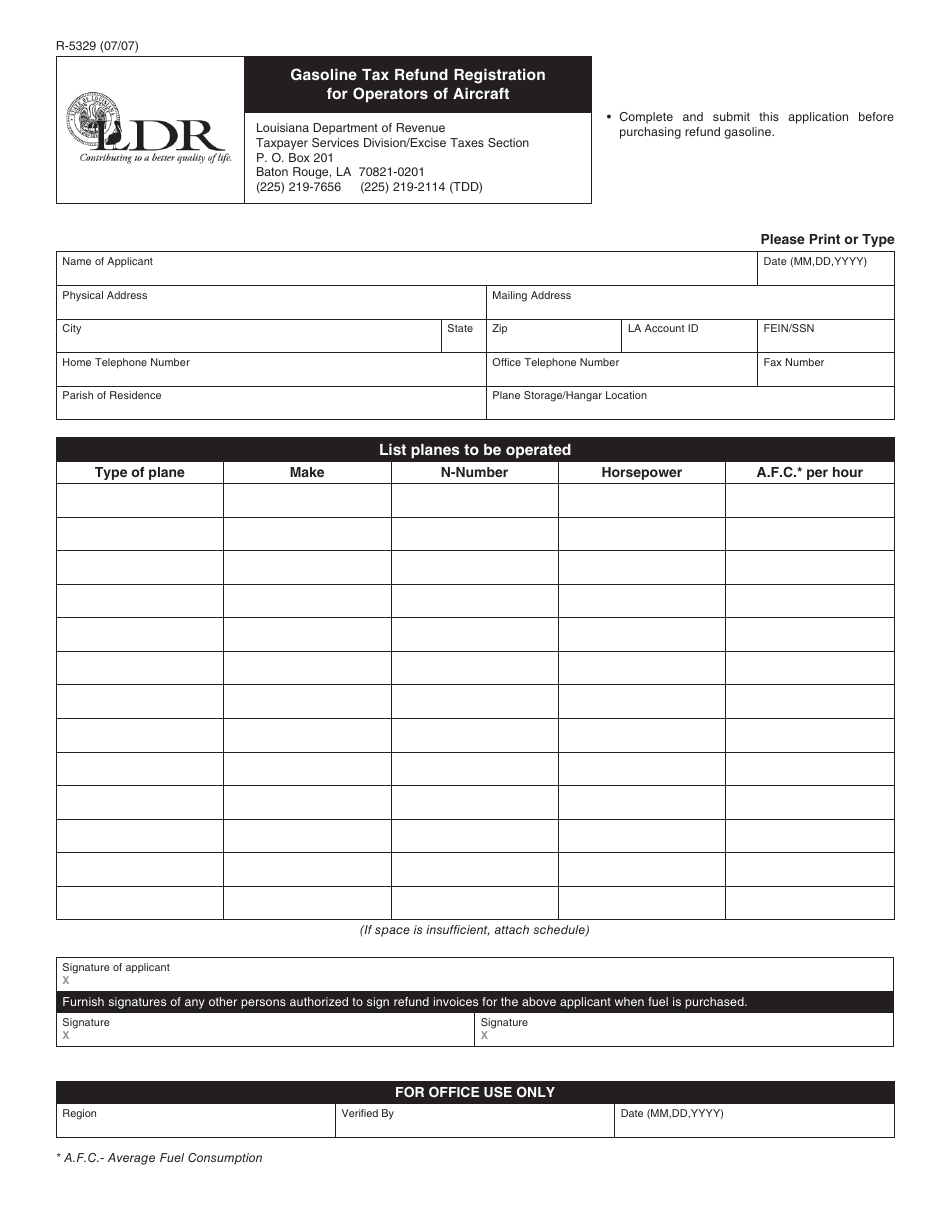 Form R-5329 Gasoline Tax Refund Registration for Operators of Aircraft - Louisiana, Page 1