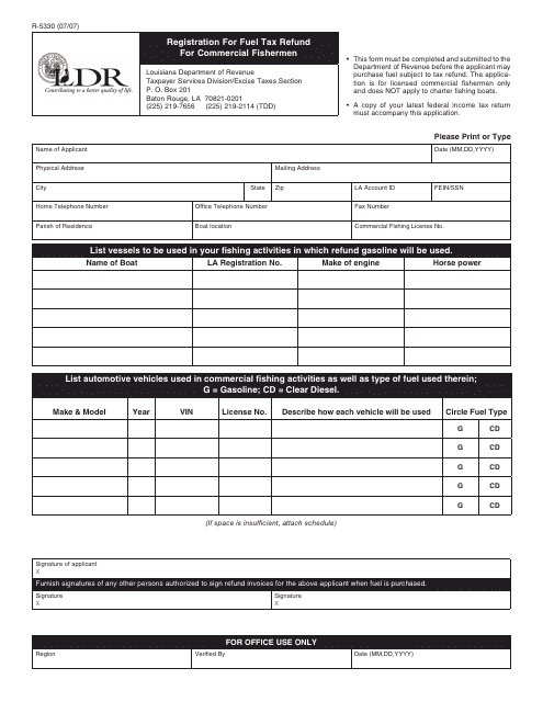Form R-5330 Registration for Fuel Tax Refund for Commercial Fishermen - Louisiana