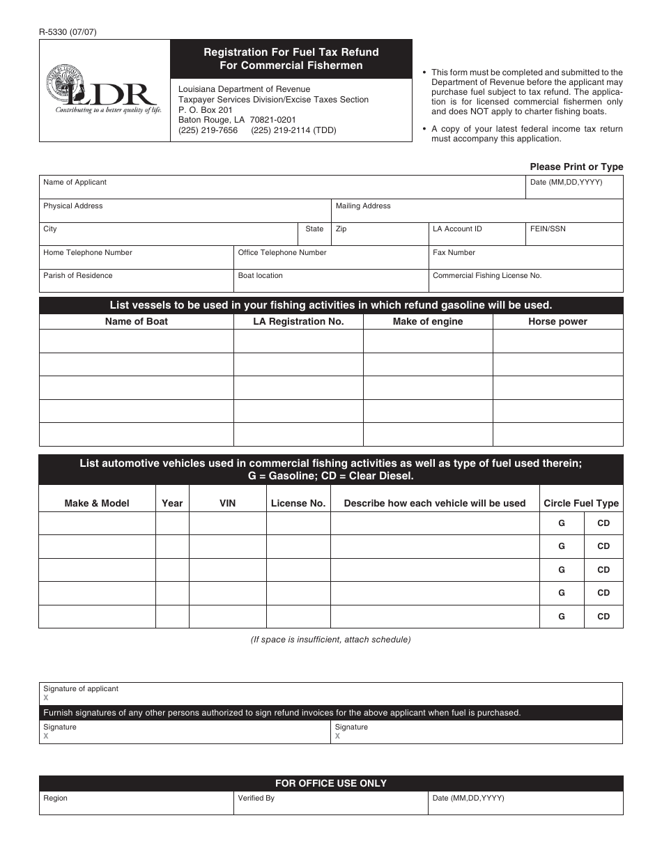 Form R-5330 Registration for Fuel Tax Refund for Commercial Fishermen - Louisiana, Page 1